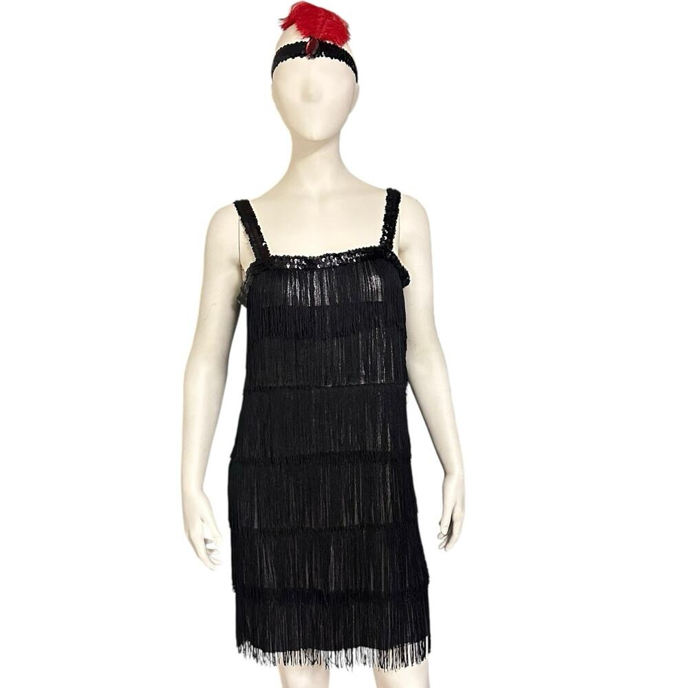 Costumes USA XL 14 16 Black Flapper Dress Costume Feather Headband 1920s